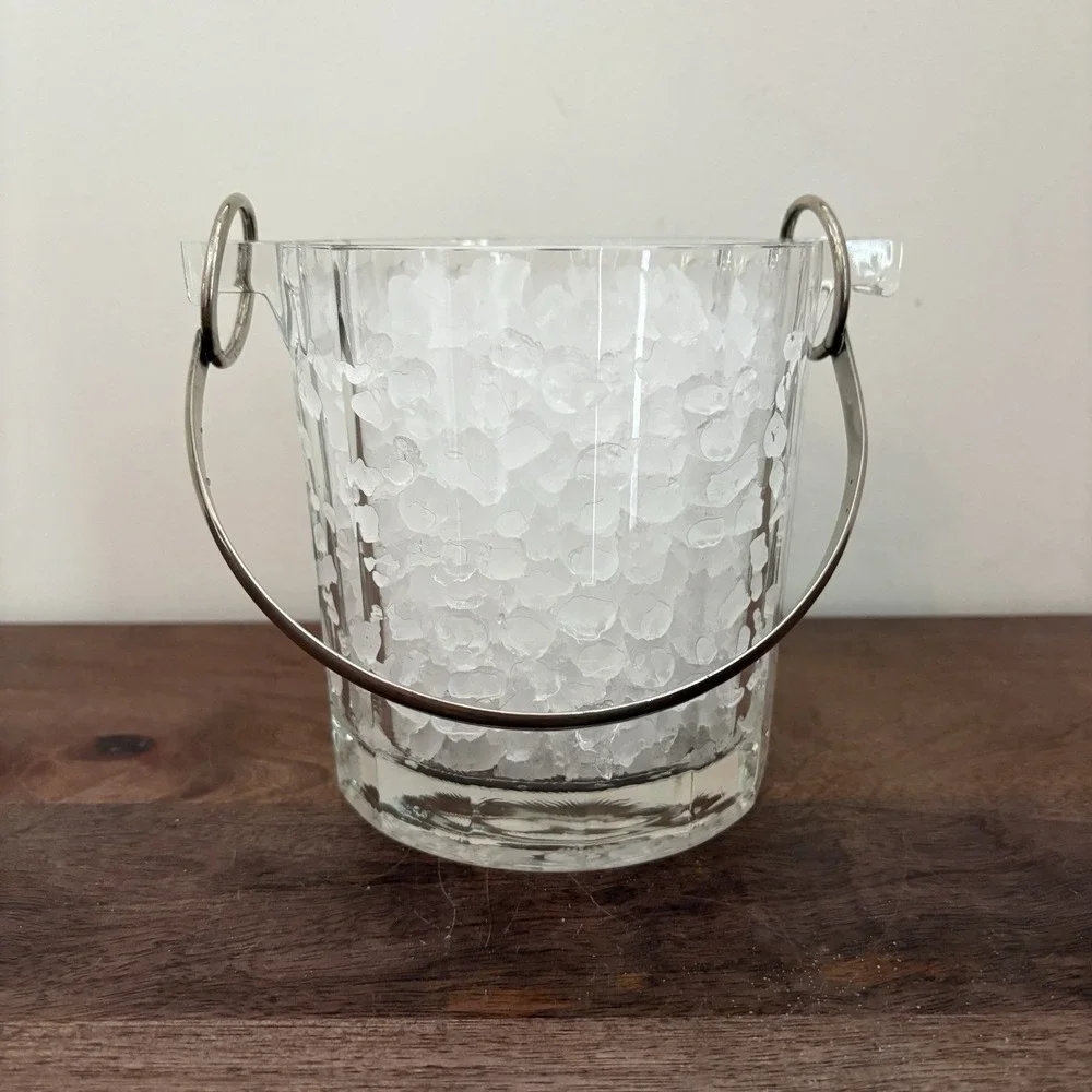 Vintage Faceted Glass Ice Bucket Handle Mid Century Heavy Paneled Barware Wine